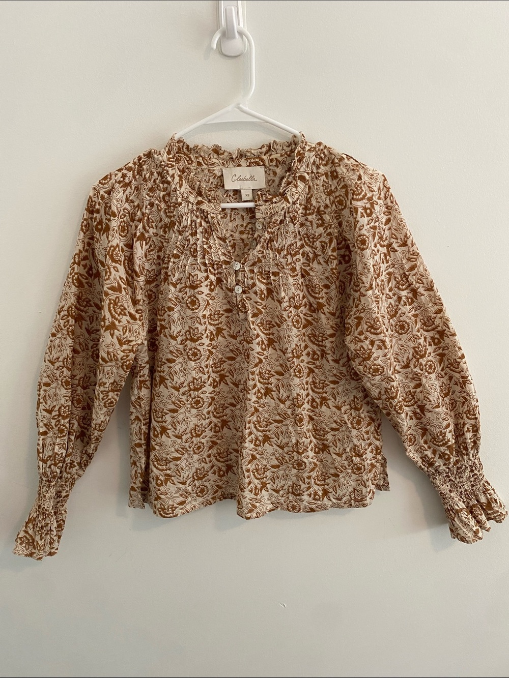 Cleobella Brown & Gold Cotton Blend Long Balloon Sleeve Botanical Top Blouse S